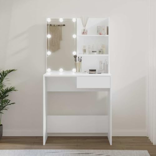 Toeletta da Trucco con Luci LED, Tavolino da Toilette Illuminato in Legno Bianco, con Specchio e Cassetto, Scrivania Trucco Moderna per Camera da Letto, Postazione Trucco con Ripiani, 74.5x40x141 cm