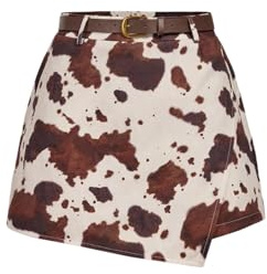 GORGLITTER Women's Cow Print Asymmetrical Wrap Mini Skirts Belted A Line Western Cowgirl Rodeo Skorts Brown Large