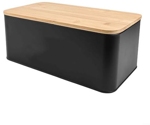 Oniissy For Kitchen Bread Box With Ventilated Metal Body And Wooden Lid, Designed For Freshness And Multi Use Lid As Serving Tray For Baked Goods(Black)