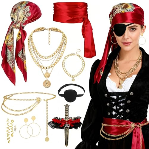 SHTALHST 11 Stück Piratenkostüm Damen Zubehör, Pirate Accessories mit Kopftuch Schärpe Augenklappe, Piraten Kostüm Accessories Frauen für Karneval Cosplay Piratenparty