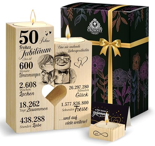 CROWNLY® 50. Hochzeitstag Geschenke für Paare – Goldene Hochzeit Geschenk Holz Teelichthalter 3er Set mit Geschenkbox, Jahrestag Geschenk für Ihn und Sie, 50 Jahre Jubiläum Kerzenhalter Deko