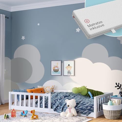 Bellabino Vere Bodenbett 80x160 cm, Massivholz Kiefer, mit Matratze, Weiß | Montessori Kinderbett mit Rausfallschutz & Lattenrost, Massivholzbett für Jungen & Mädchen aus Holz Kiefer, Kleinkindbett