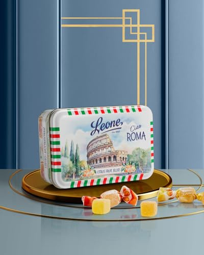 Leone seit 1857 – Blechdose Gelée Bonbons – Pastillen Leone – Vegane und glutenfreie – Italienische Postkartensammlung – Zitrusgeschmack (Orange, Zitrone, Mandarine) – Rom – 100 g