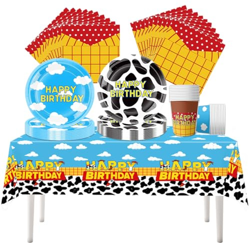 Fuwraixis Cartoon Story party tableware, 61 piece Toy theme birthday decoration cutlery, Clouds party supplies set, Includes paper cups, plates, napkins and tablecloths(20 guests)