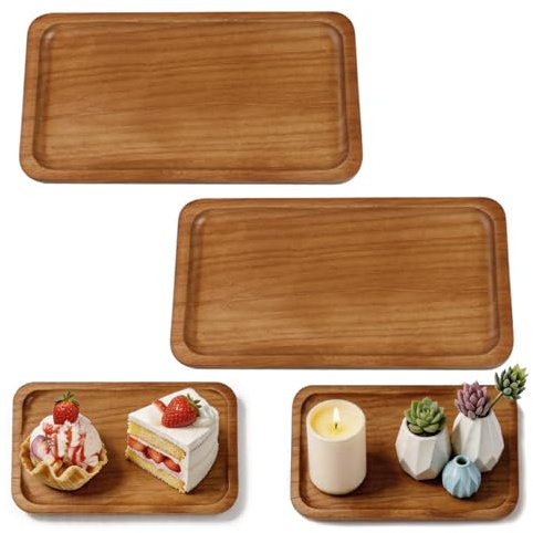QingWing 2 Pièces Plateau en Bois 19 × 10,5 × 1,5 cm, Plateau Rectangulaire | Bois d'Acacia Lisse et Élégant Robuste et Durable, Décoratif en Bois pour Café Dessert Collation