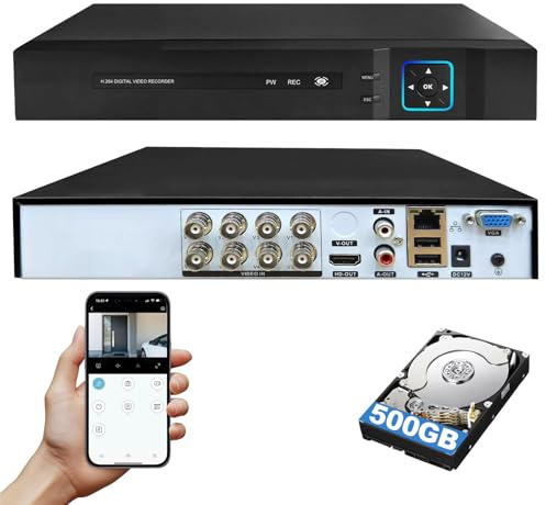 8 Channel Security DVR Recorder With 500GB HDD, 6-In-1 CCTV Recorder With Hard Drive, Supports 8ch Analog Cameras for Camera Home Surveillance System, for Analog AHD, TVI, CVI, CVBS, XVI, IPC 5MP