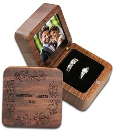 QSZ Personalisierte Holz-Ringschatulle mit Gravur von Text Einzel oder Doppelschlitz herz oder quadratförmige Ringschatulle für Heiratsantrag Hochzeit Verlobung Valentinstag (Brown Square Ring Box)