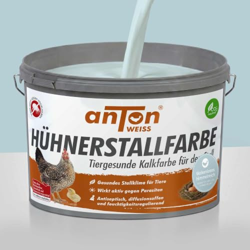 anTon Hühnerstallfarbe Streichfertig 8,25kg | 100% Vegan & Kaseinfrei | Premium Kalkfarbe gegen Milben | Kein Abfärben/Kreiden | Bio-Stallfarbe (Reines Himmelblau, 8,25 kg)