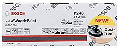 Bosch Professional M480 - Hojas de lija, 50 unidades, madera y pintura, Ø 150 mm, grano P240, accesorios para lijadora excéntrica