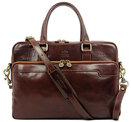 Time Resistance Aktentasche Leder Laptoptasche mit Schultergurt - Handgefertigt in Italien - Arbeitstasche - Businesstasche - Umhängetasche - Braun