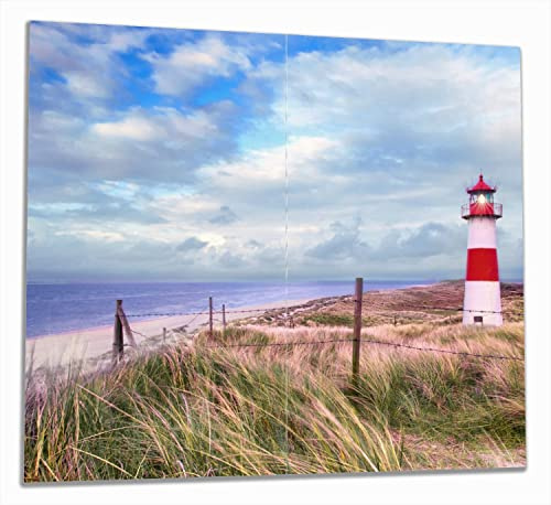 Wallario Herdabdeckplatte/Spritzschutz aus Glas, 2-teilig, 60x52cm mit 13mm hohen Füßen, für Ceran- und Induktionsherde, Leuchtturm am Strand von Sylt