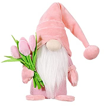 Super Idee Standing Cute Gnome with Tulip Flower Bouquets Cute Dwarf Gnome Figures Gift for Women Mum Wedding Anniversary Girlfriend Wife Mother's Day Thank You Dimensions 37 x 8 x 6 cm (Pink)