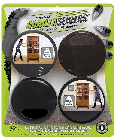 Slipstick GorillaSliders Premium Furniture Sliders for All Floor Surfaces (16 Piece Moving Kit) Reusable 3.5” Round Furniture Movers for Sliding Furniture on Hardwood & Carpet, Black, CB13-1-16