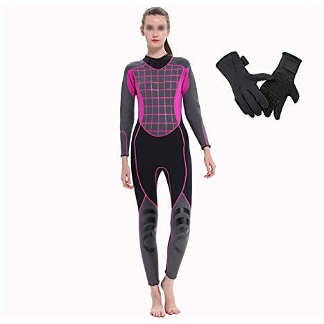 HGYJ Damen 3mm Neopren Neoprenanzug,Einteilige Langarmhose Super elastisch Tauchanzüge+3.0mm Neoprenhandschuhe,zum Angeln/Schnorcheln/Surfen/Wassersport,Red,3XL