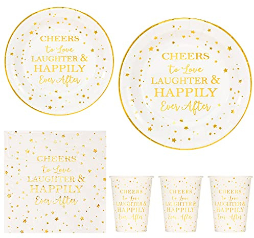 Crisky Gold Bridal Shower Napkins Plates Cups Set for Bride Wedding Engagement Bachelorette Party Decorations Supplies, Disposable Tableware Set of 24 (9 & 7 Plates, Luncheon Napkin, 9oz Cups)