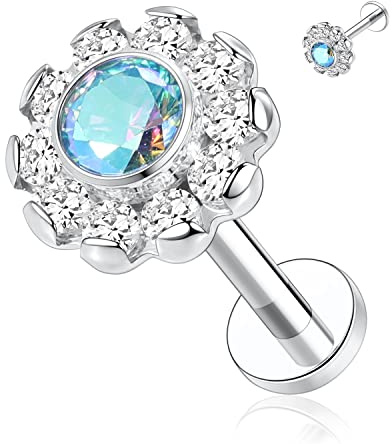 AROWRO 16G Labret Tragus Monroe Schmuck Opal CZ Lippenringe Daith Ohrstecker Lippe Medusa Piercing Helix Knorpel Ohrring G23 Titan 8mm Silber Innengewinde