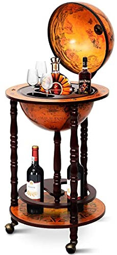 COSTWAY Globus Bar Holz, Globusbar auf Rollen, Barwagen, Hausbar, Weinregal 45 x 45 x 88cm, Braun, ca. 45x45x88cm(LxBxH)
