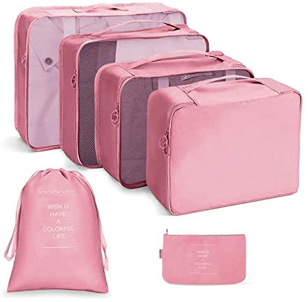OSDUE Organisateur Valise, Organisateur de Voyage, Lot de 6 Organiseurs de Bagage pour Voyage,Différents Tailles des Cubes Étanche Sacs de Voyage Rangement (Rose)