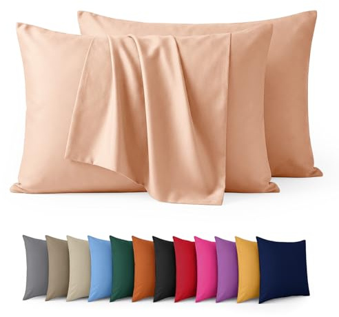 Aspire Homeware Confezione da 2 federe in microfibra spazzolata, in tinta unita, morbide, resistenti alle pieghe e allo sbiadimento, dimensioni standard, color pesca, con chiusura a busta, 50 x 75 cm
