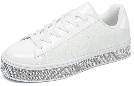 UUBARIS Damen-Tennis-Sneaker, glitzernd, floral, elegant, glitzernd, Strass, glitzernd, Hochzeit, Brautschuhe, glänzende Pailletten, Weißer Glitzer, 11