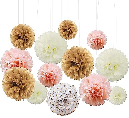 Fyihoxi 13 Pezzi Pompon di Carta Pom Pom Decorativi pompon carta velina festone Battesimo Bimba Pom Pom Decorativi Palla di Fiori di Pompon per Compleanni,Matrimoni,Baby Shower,Addio al Nubilato