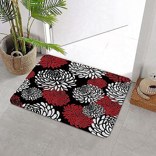 ERICAT Badteppich rutschfeste,Schwarzer roter weißer Dahlie-Druck,Wasserabsorbierend Badematte maschinenwaschbar Badvorleger für Dusche,Badewanne,40x60cm