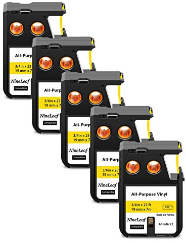 NineLeaf 5 Packung Ersatz für Dymo 1868772 A1868772 19mm x 7m 0.7'' 3/4 Zoll Schwarz auf Gelb Bänder Allzweck Vinyl Industrie Schriftband für Rhino XTL-300 XTL-500 Beschriftungsgerät