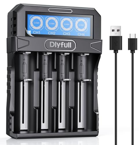 Dlyfull 18650 Ladegerät, Universal Akku Ladegerät LCD-Display für 3,7V Li-Ion Akku 18650 21700 18700 26650 22650 20700 16340(RCR123) 14500 Tragbares USB-C Batterieladegerät, 4 Fach