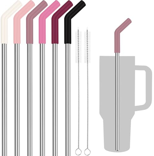 Tomorotec 6 Strohhalme Edelstahl für Stanley 40oz 30cm Silikonspitzen Pink | BPA-Frei, 2 Reinigungsbürsten Inklusive, Lebensmittelecht, Ideal für Smoothies, Cocktails und Heißgetränke