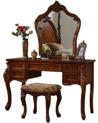 Schminktisch Landhausstil 100cm, European Vintage Brown Frisiertisch mit 5 Schubladen und Spiegel, Stoff gepolstert Hocker, Schlafzimmer Kosmetiktisch für Frauen Mädchen