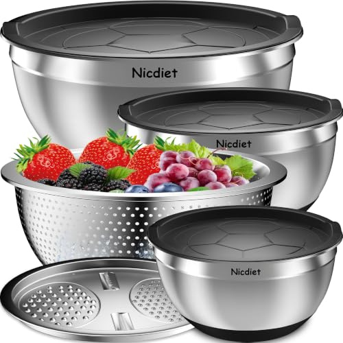 Nicdiet Mixing Bowls with Airtight Lids, Stainless Steel Mixing Bowl Set with 3 Metal Nesting Bowls, Colander & Grater, Non-Slip Bottoms, Size 1.5, 2.5, 5 QT, Great for Mixing & Serving, Black