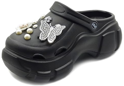 Solaud Plattform Träskor för kvinnor Hög Plattform Clog Klassisk Bekväm Slip On Slide Trädgård Utomhus Strand Träskor Skor, Svart fjäril, 38.5/39 EU