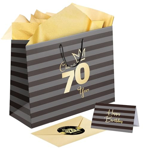 Sumerk 1 Stück 13 Geschenktüte 70 Geburtstag Mann 70th Birthday Gift Bag with Tissue Paper Birthday Greeting Cards Stickers Paper Gift Bags for Women Men Girls