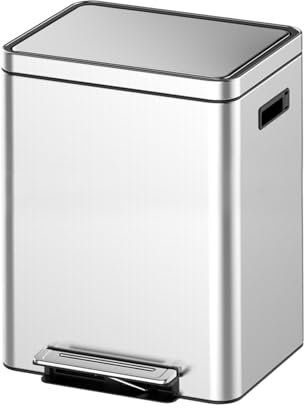 GarveeHome 40 L/10.6 gal Dual Trash Can, Rectangular Waste Basket with Metal Lid & Step Foot Pedal, Double Compartment Classified Garbage Can, Stainless Steel Trash Can with Removable Inner Bucket