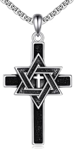 ANGSAU Star of David Cross Necklace Sterling Silver Jewish Star Pendant Necklace Judeo Christian Religious Jewelry Gift for Men Women (A01-Cross)