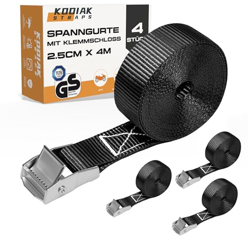 4 Stück Spanngurte 4mx 250kg mit Klemmschloss - 25mm Zurrgurte für Fahrrad - Gepäck & Transport - TÜV/GS geprüft nach DIN EN 12195-2 - KODIAK STRAPS