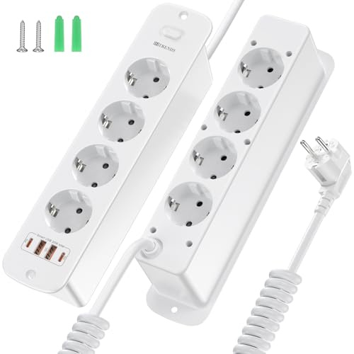 Versenkbare 8-Fach-Steckdose mit 2X USB-C, 4000W/16A, 2m Kabel (1,5mm²) - Weiße Einbausteckdose für Tischplatte, Büro/Arbeitsplatz, USB-Ladeports & Mehrfachsteckdose