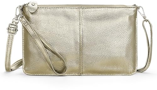 befen Echtleder Damen Umhängetasche Klein Clutch RFID-Blockierung Handtasche Damen Leder Crossbody Bag mit Reißverschluss und Schultergurt & Handgelenkband,Gold