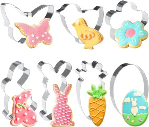 DERAYEE Moule à Biscuits de Pâques en Acier Inoxydable 7PCS,Moule et Emporte-pièce de Pâques,Décoration de Gâteau,Lapin,Oeuf,Poussin,Papillon,Fleur,Carotte