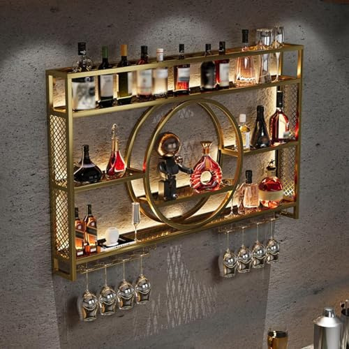 Wohnzimmer Bar，barschrank Vintage Retro Bar Regal Wand Gold Beleuchtung Hängend Flaschenregal Wandmontage Schmal Schnapsregal(Size:140 * 15 * 80cm,Color:Gold)