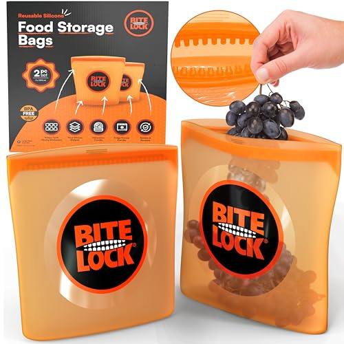 Bitelock XL Reusable Silicone Freezer Bags (2 Pack) – Extra-Thick Food Bags – Unique Teeth Interlocking Airtight & Leakproof Seal, Dishwasher Safe, BPA-Free (2x1200ml)