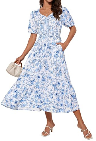 GRACE KARIN Women Summer Floral Dress Short Sleeve V Neck A-Linie Midi Dresses for Women UK White Blue Flower M
