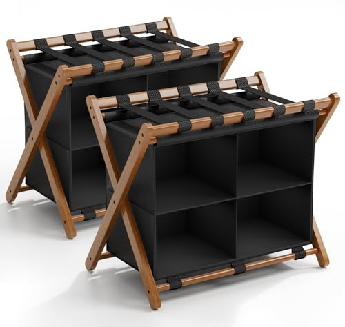 MHACVVO Bamboo Luggage Rack 2 Pack with 4 Storage Compartments, Foldable Suitcase Stand for Guest Room, 150lbs Capacity, Sturdy, Space-Saving and Easy to Assemble Organizer