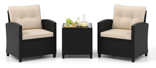 FANTASK Juego de Muebles de balcón de 3 Piezas, con Cojines, Muebles de jardín de ratán, Incluye 2 sillas y Mesa de Cristal, Muebles de terraza, Conjunto de Asientos para balcón, terraza y jardín
