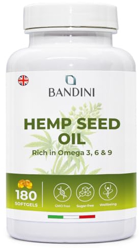 Bandini® Aceite de Cáñamo 1000 mg, 180 Cápsulas | Prensado en Frío, Fuente de Omega 3, 6 y 9 Alternativa a los Ácidos Grasos del Pescado | Para 6 meses | ALA, Ácido Linoleico y Oleico | Hemp seed oil