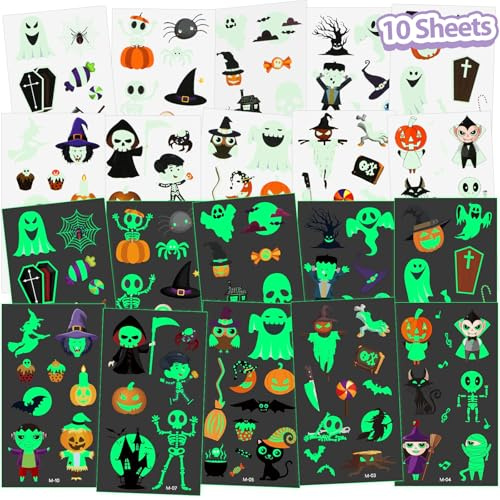 10 fogli di tatuaggi di Halloween per bambini, 80 stili luminosi per bambini, tatuaggi luminosi e temporanei, per Halloween, trucco viso per regali, decorazioni per feste