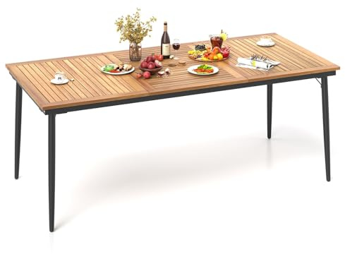 FANTASK Table de Jardin rectangulaire avec Trou pour Parasol - 200 x 90 cm - en Bois d'acacia - pour 8 Personnes - Résistante aux intempéries - pour terrasse, Jardin