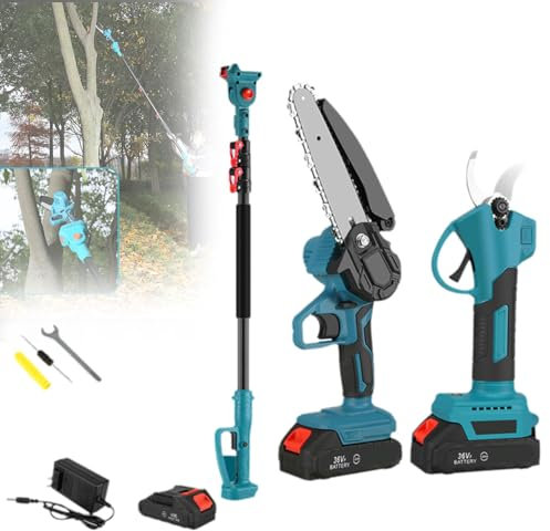 Scie à perche sans fil 3 en 1 avec tronçonneuse sans balais, 2 batteries, sécateur, tige télescopique de 2 m, batterie et chargeur inclus pour tailler et élaguer les arbres de jardin