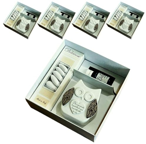 Regalami.Shop Bomboniera Gufetto in Marmo e Legno Completo di Scatola, Portaconfetti, Essenza, Nastro e Bigliettino (4 Piccoli)