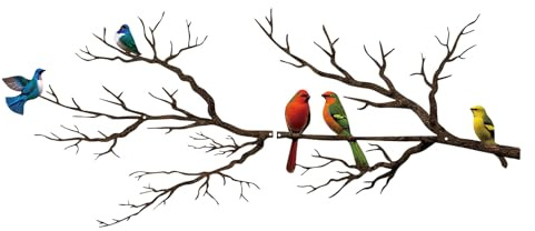 ESTART Metal Birds Wall Art, Metal Vivid Birds on Branch Silhouette Wall Decor Black Leaves with Bird Outdoor Hanging Wall Sculpture for Home Balcony Garden (Vintage Color, Large)